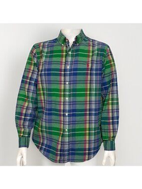 Ralph Lauren Shirt Mens XL Green Pink Plaid Indian Madras Long Sleeve Vtg 80s